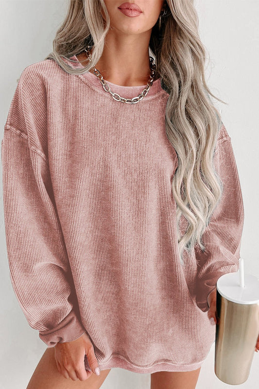 Ribbed Knit Pullover Sweatshirt - Pink - ApresTenCo
