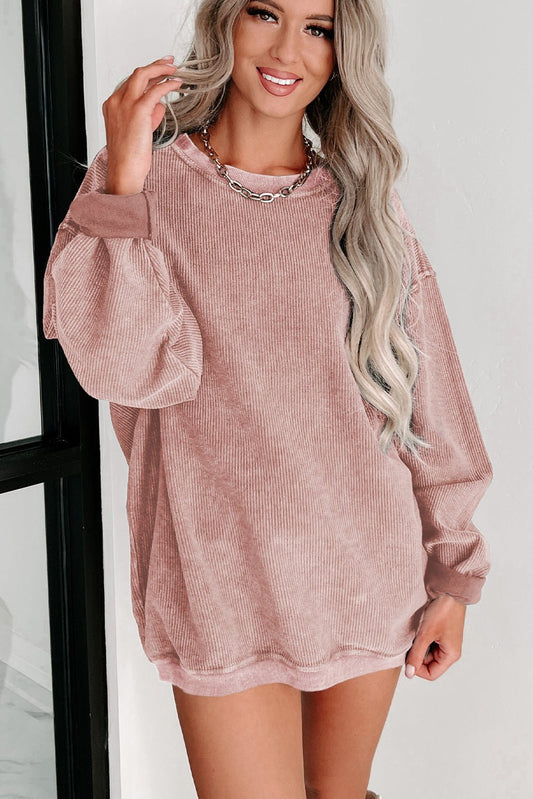 Ribbed Knit Pullover Sweatshirt - Pink - ApresTenCo