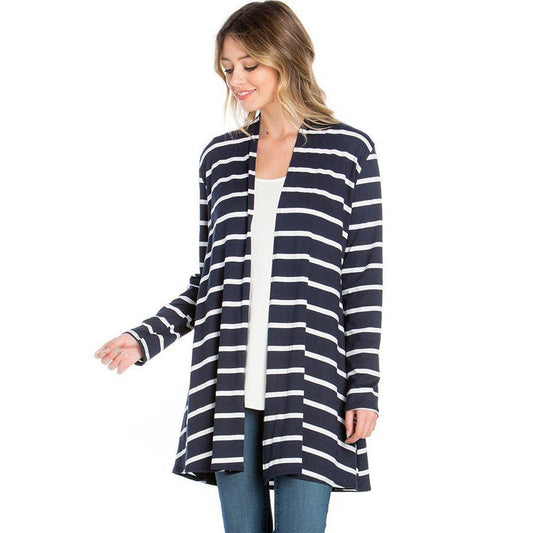 Striped Long Sleeve Cardigan - Navy/White Thin Stripe - ApresTenCo