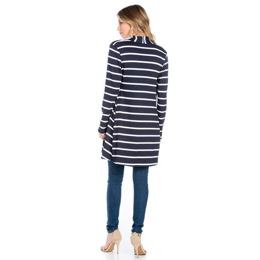 Striped Long Sleeve Cardigan - Navy/White Thin Stripe - ApresTenCo