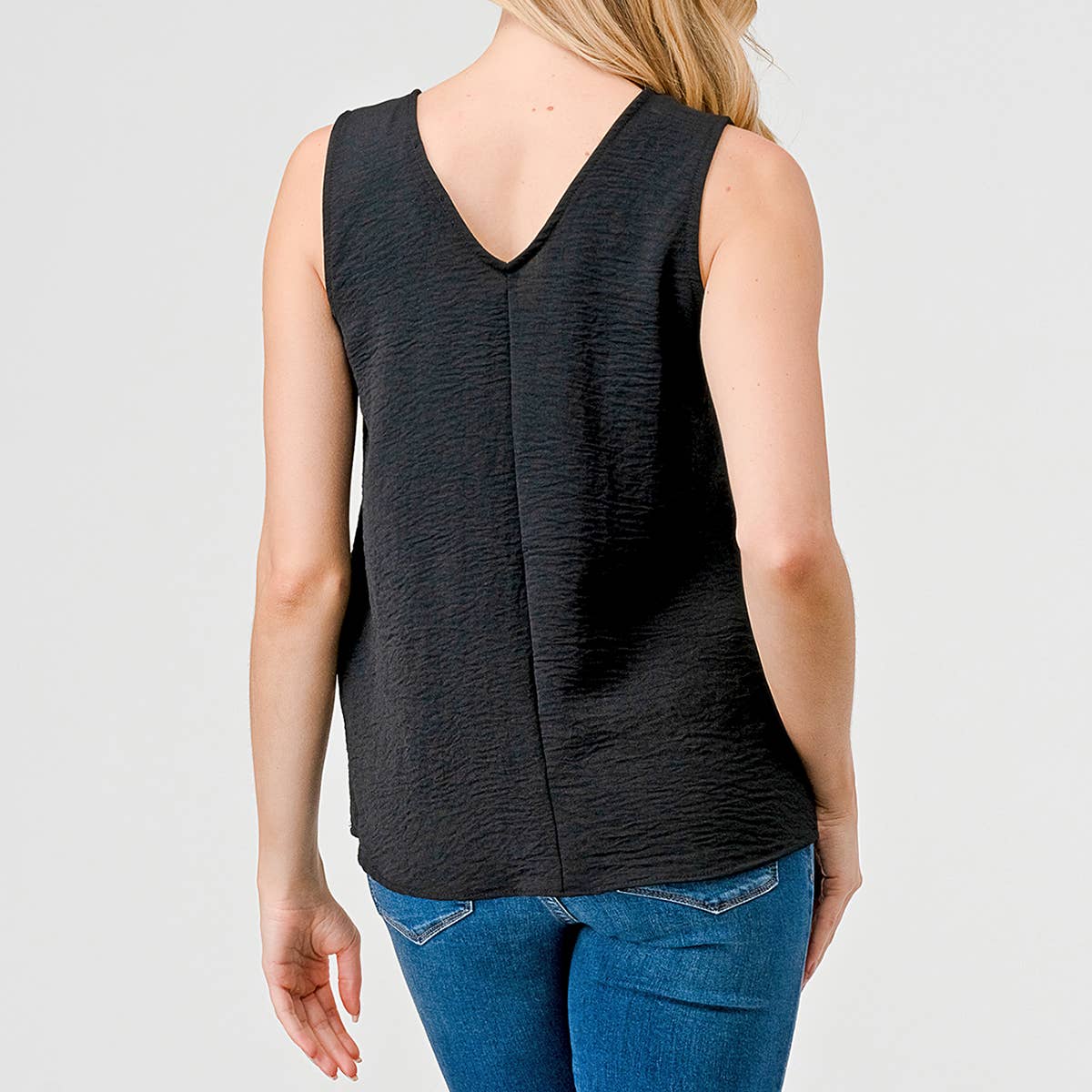 V - neck Sleeveless Woven Top - Black - ApresTenCo